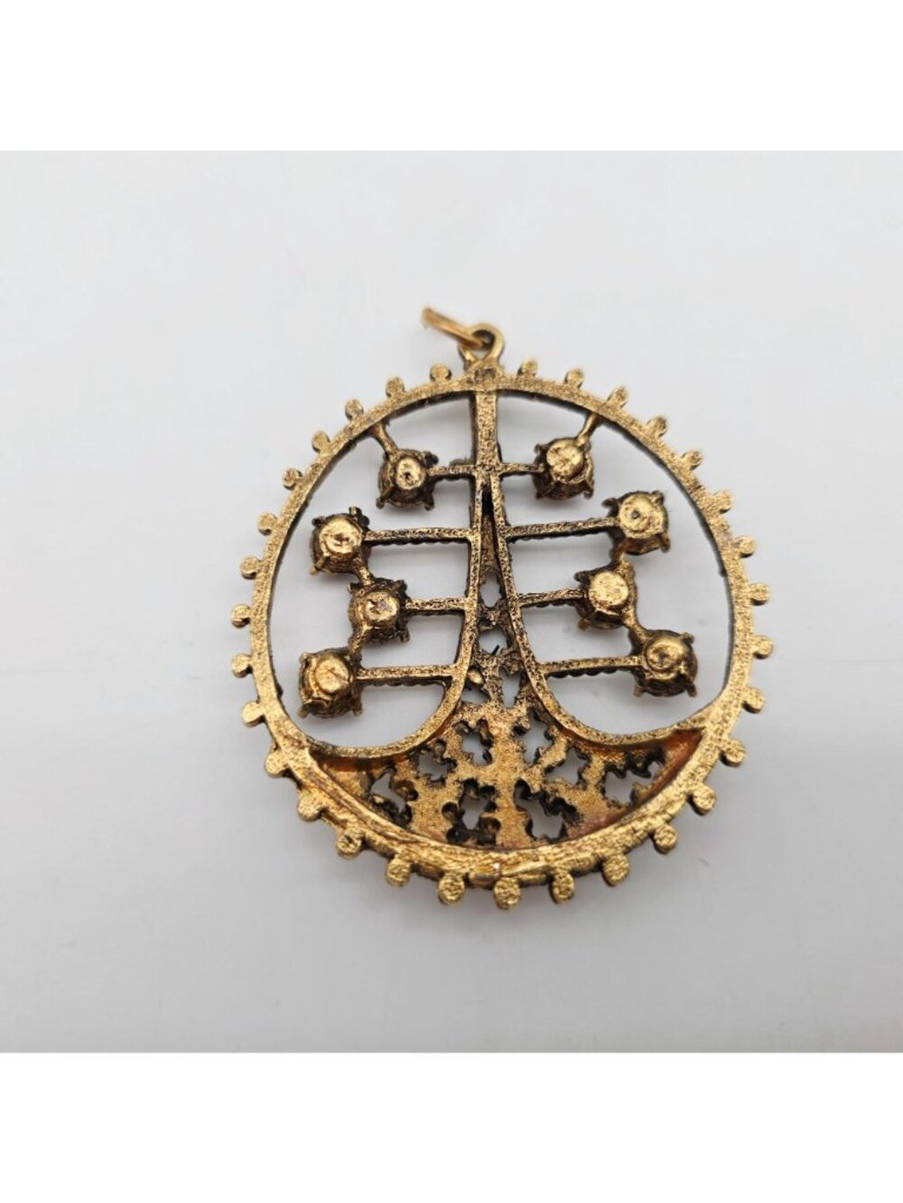 Gold Tone Filigree Pendant 8 Amber Rhinestones & Nuggets 1970s Vintage 2" - Picture 5 of 5